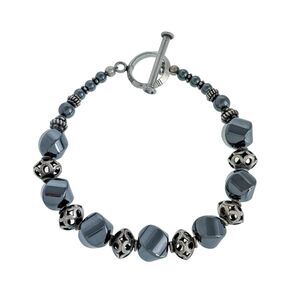 Vintage Sterling Silver 925 Angled Hematine Beaded Toggle Bracelet 8"